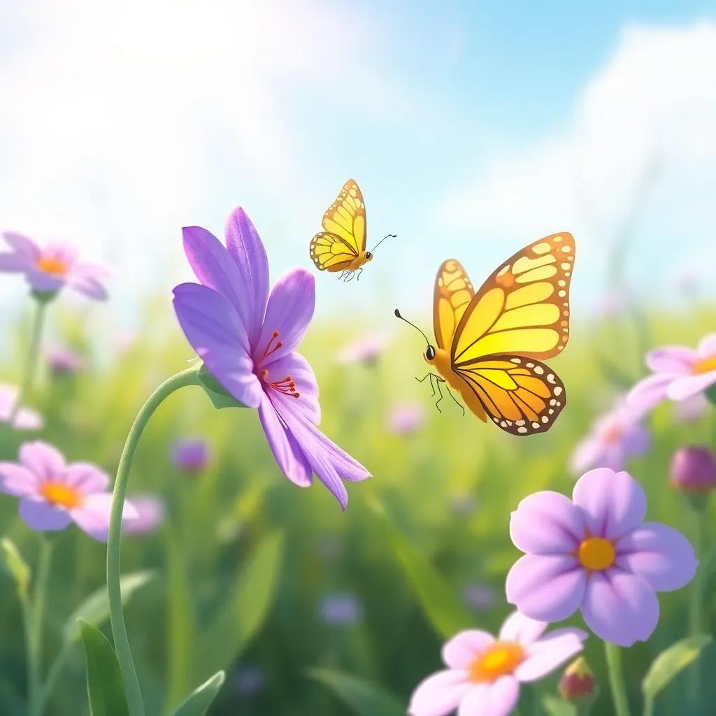 Lila, a violet flower, talking to Mariposa Bella, the yellow butterfly, under the sunlight, with a gentle breeze, illustration, cheerful colors, engaging perspective, high quality