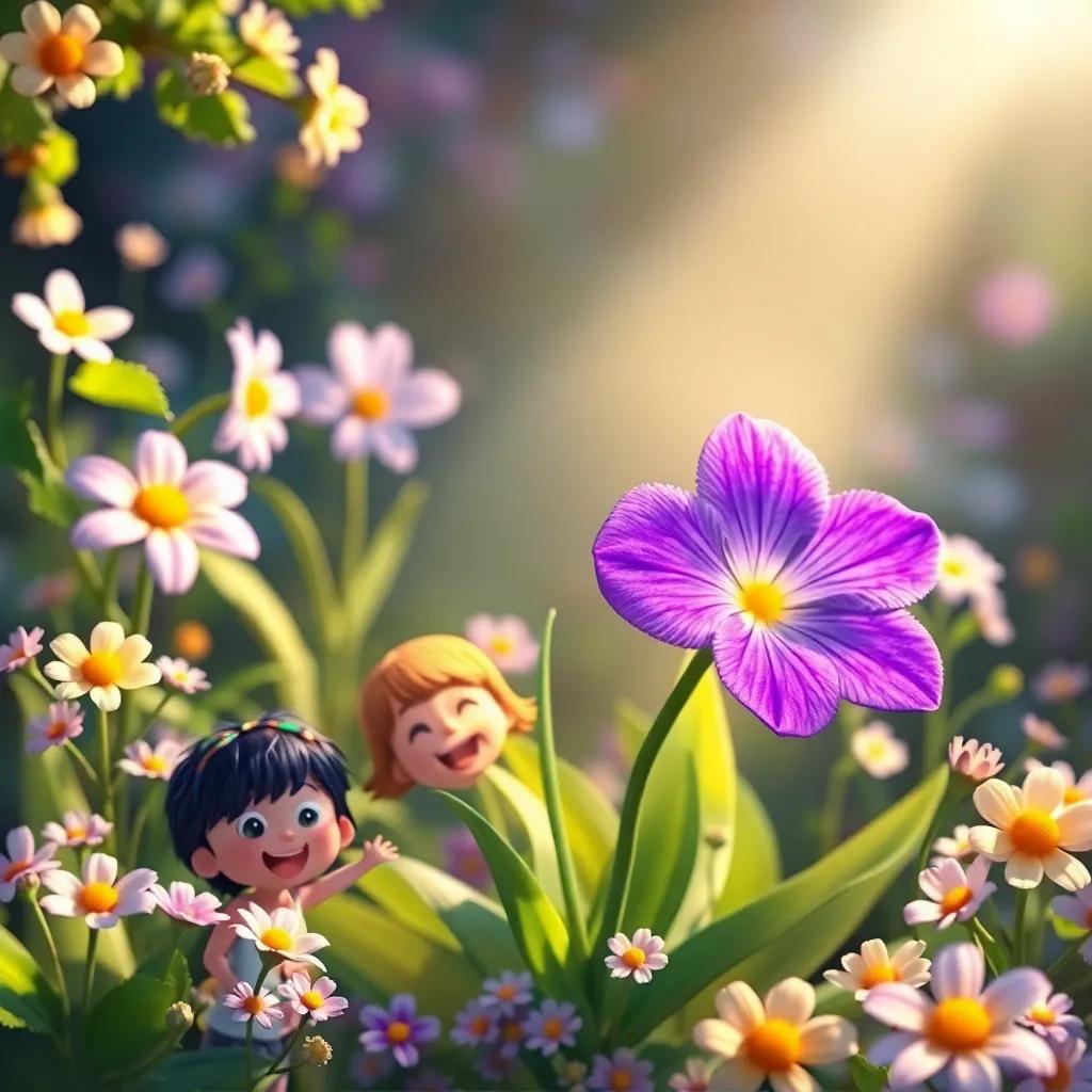 Lila, a happy violet flower surrounded by blooming flowers, as children smile and play nearby, with a soft light illuminating the scene, digital art, joyful and friendly, uplifting imagery, high quality