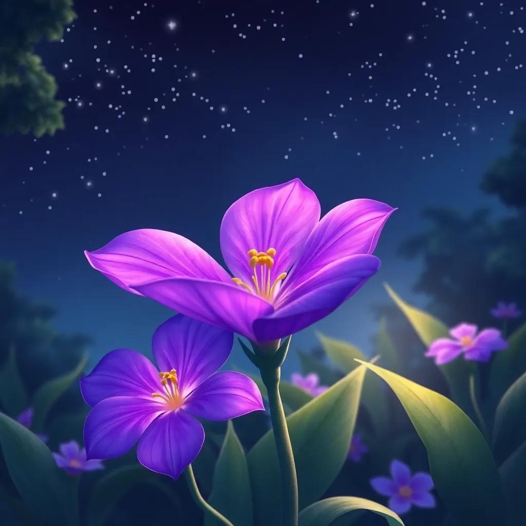 Lila, a vibrant violet flower, enjoying the night with twinkling stars above, while cricket sounds fill the air, a peaceful garden setting, illustration, magical atmosphere, dreamlike quality, high quality