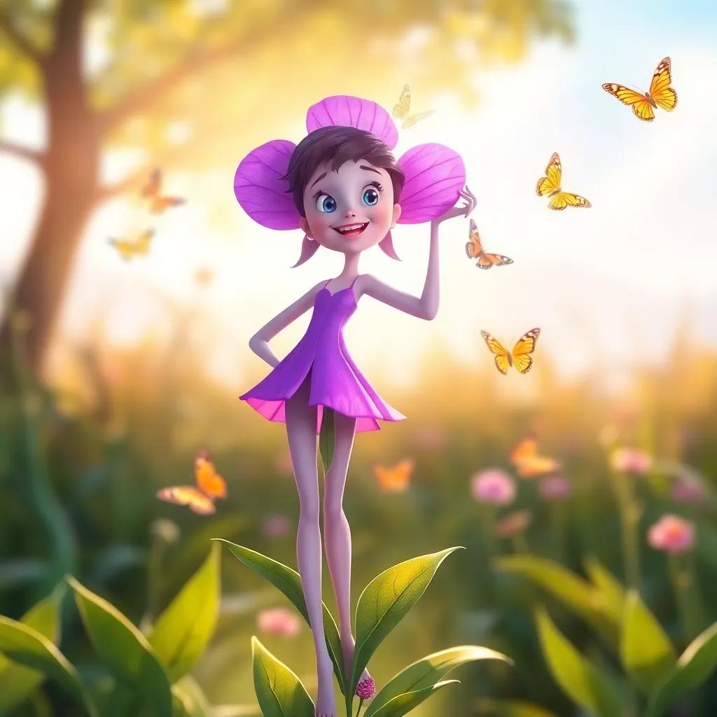 Lila, a confident violet flower, proudly standing tall as morning light shines on her, with colorful butterflies flying around, digital painting, bright and cheerful colors, inspiring scene, high quality