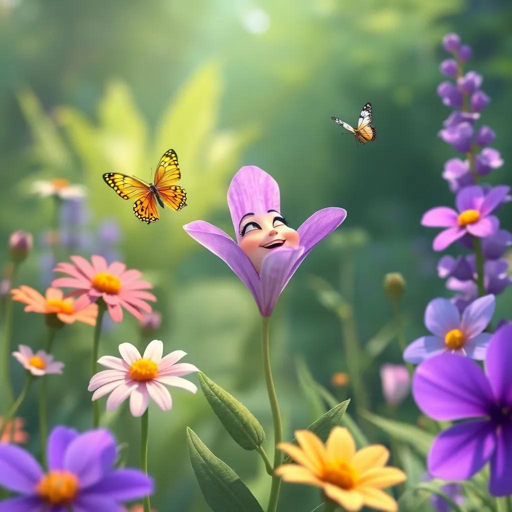 Lila, a beautiful violet flower in the garden, beaming brightly as she watches Mariposa Bella fly, surrounded by other flowers and greenery, illustration, joyful colors, heartwarming atmosphere, high quality