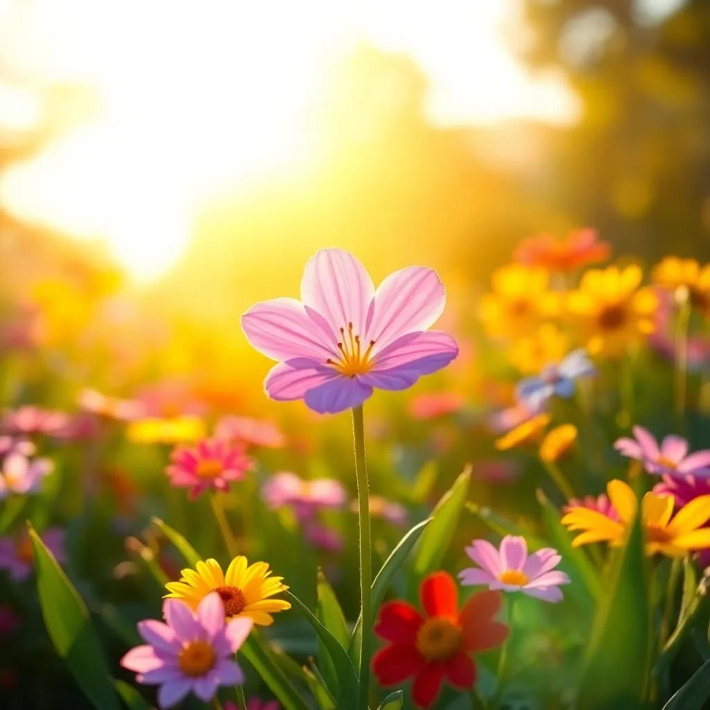 Lila, the violet flower, among colorful flowers in the garden, shining under golden sunlight, feeling special, digital art, inviting and vibrant colors, feel-good imagery, high quality