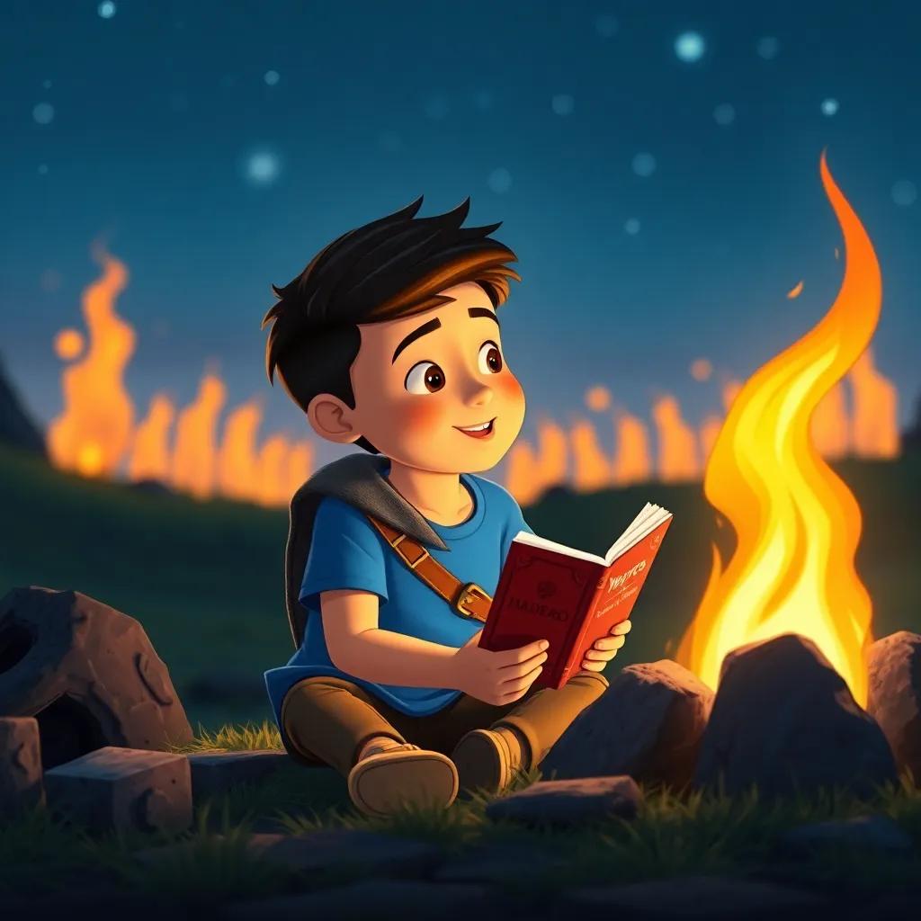 Marcos, un niño valiente con una camiseta azul, sentado junto a la fogata, contando una historia, llamas brillantes reflejándose en su rostro, ilustración, alegre, sentir de aventura, colorido