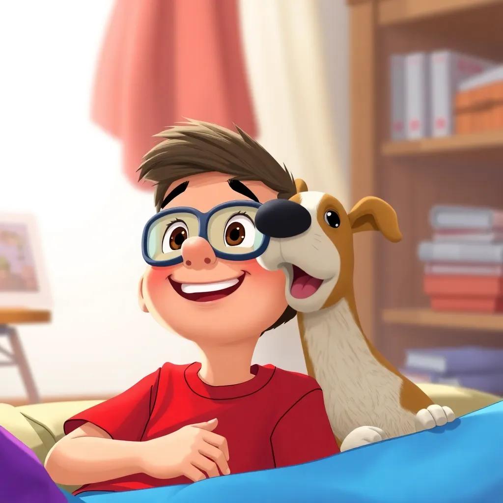 Luis, un niño con gafas y una camiseta roja, riendo mientras cuenta su historia sobre el perro que lo guió, un ambiente de risa y camaradería, ilustración, divertida, historia vibrante