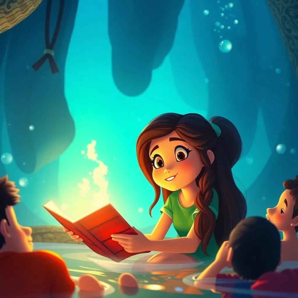 Sofía, con cabello largo y una camiseta verde, emocionada mientras narra su aventura bajo el agua, amigos disfrutando de la narración en una fogata parpadeante, digital art, vibrante, llena de vida