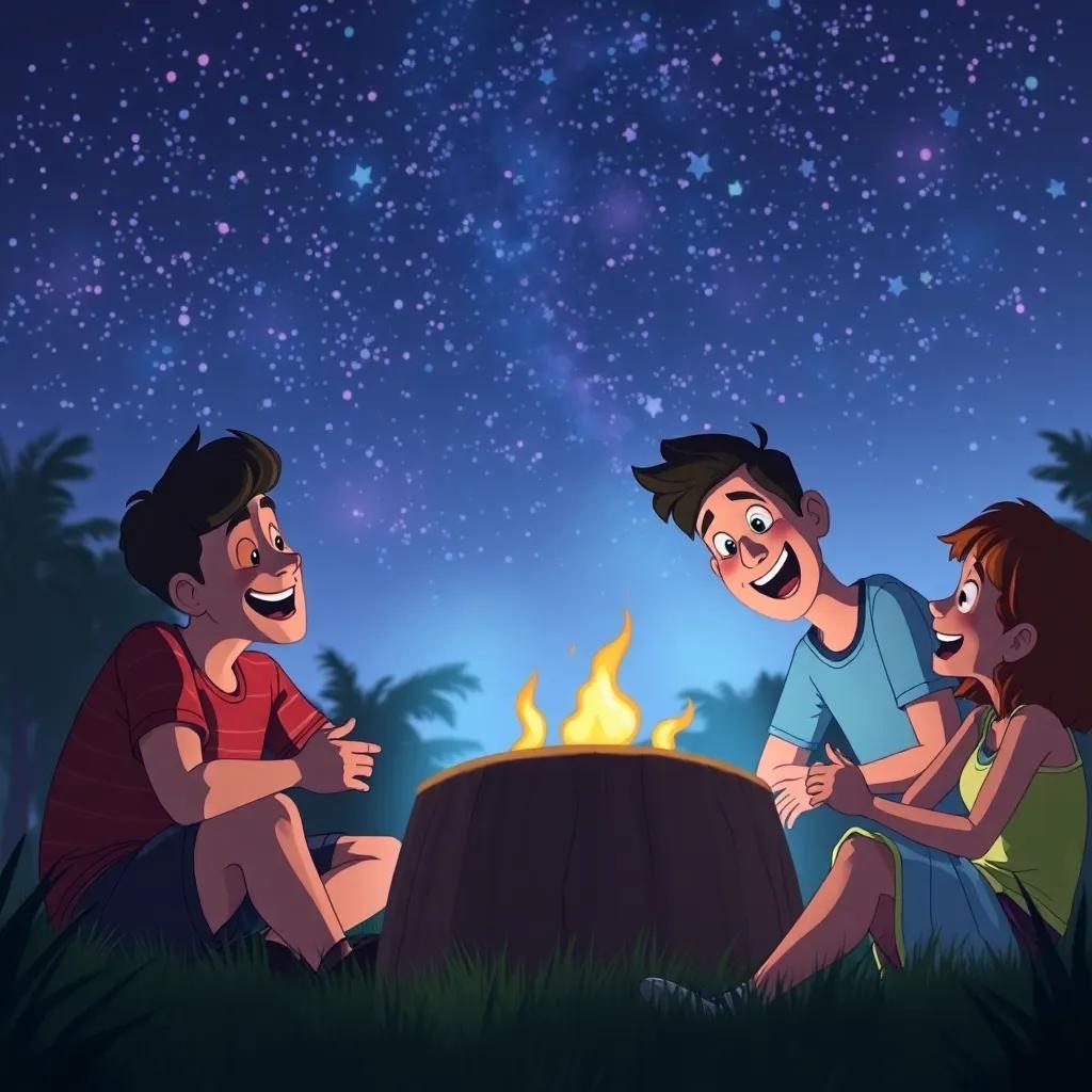 La fogata en primer plano mientras los amigos se rodean, riendo y disfrutando de la noche, el cielo estrellado de fondo, digital painting, cálidos colores, atmósfera mágica