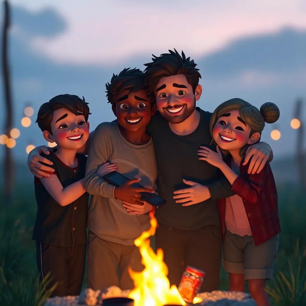 Un grupo de amigos abrazándose después de contar historias, la fogata reducida a brasas, sonrisas iluminando sus caras, digital art, suave iluminación, ambiente cálido