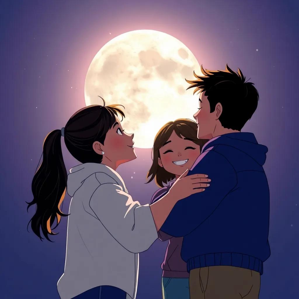 La luna brillando sobre los amigos mientras se abrazan, el fuego casi apagado, en una noche clara, simbolizando la amistad que perdura, ilustración, serena, emotiva