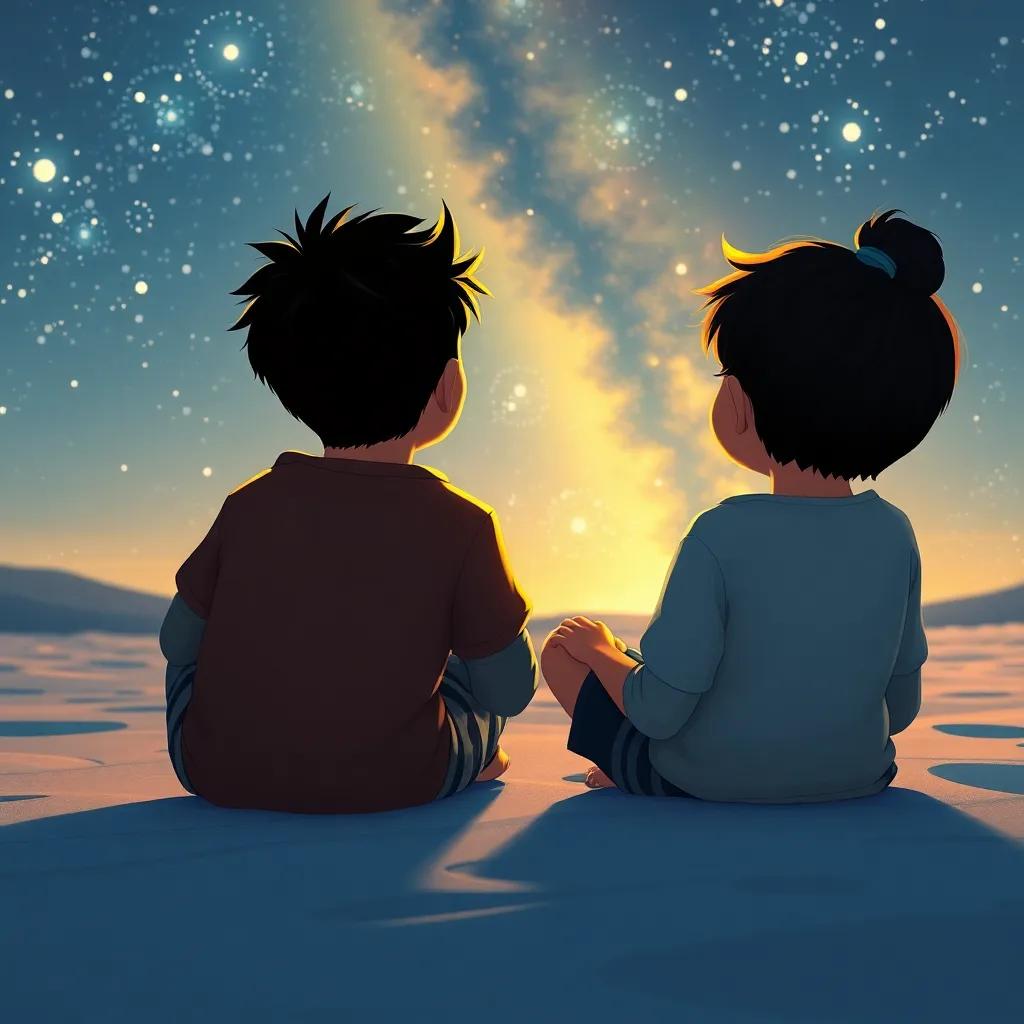 Los amigos acostados sobre la arena, mirando las estrellas después de contar historias, sintiendo su conexión, digital painting, lleno de esperanza, atmósfera reconfortante