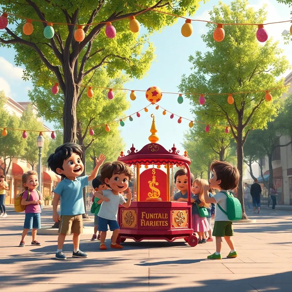 Un grupo de niños emocionados en un día soleado en la plaza, organizando una función de marionetas, rodeados de árboles y coloridos adornos, digital art, vibrante, cálido, alegre ambiente