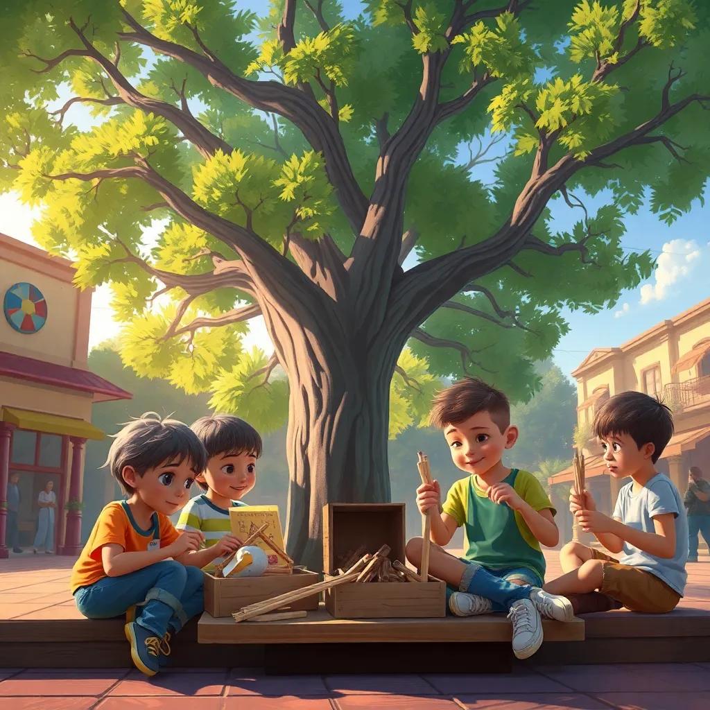 Los niños trabajando juntos bajo un gran árbol en la plaza, creando marionetas con cajas y telas, mostrando sus manualidades, digital painting, colorido, divertido, atmosférico