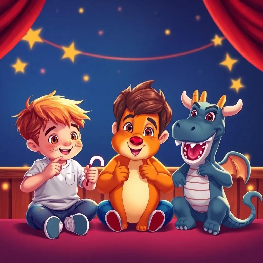 Los niños mostrando sus marionetas terminadas, sonriendo y posando con sus coloridos personajes, una marioneta de gato, un perro y un dragón, ilustración, brillante, alegre, amigable