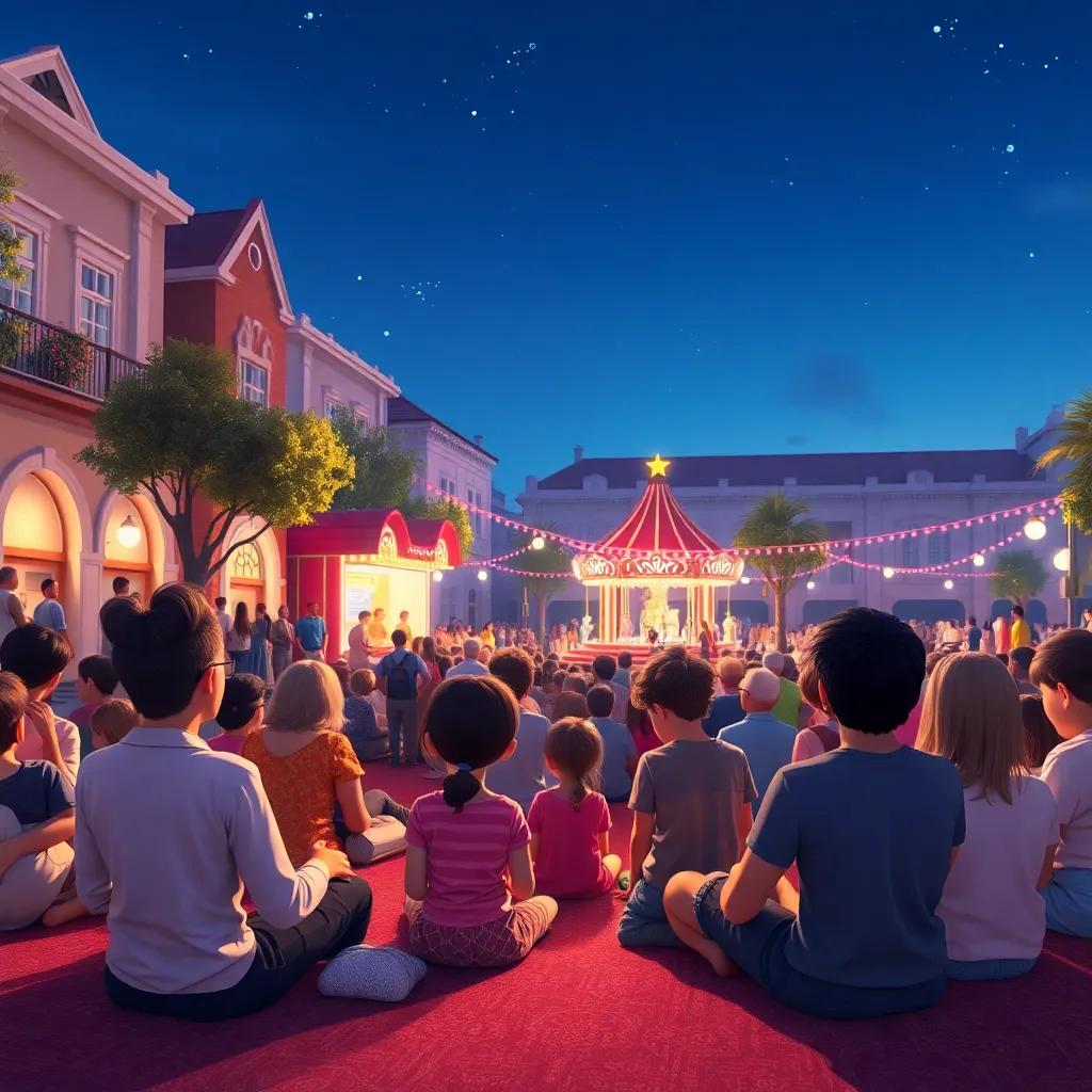 La plaza llena de gente, adultos y niños sentados en el suelo, mirando felices la función de marionetas, la escena es animada y vibrante, ilustración, cálida, acogedora, enérgica