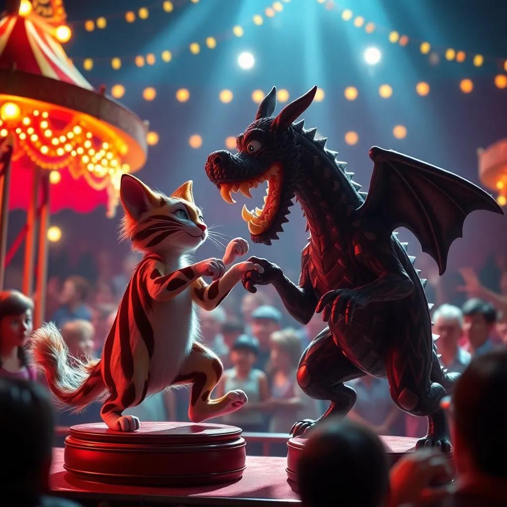 Las marionetas en movimiento en el escenario, un gato y un perro luchando contra un dragón, todo bajo luces brillantes y risas del público, digital art, dinámico, colorido, festivo
