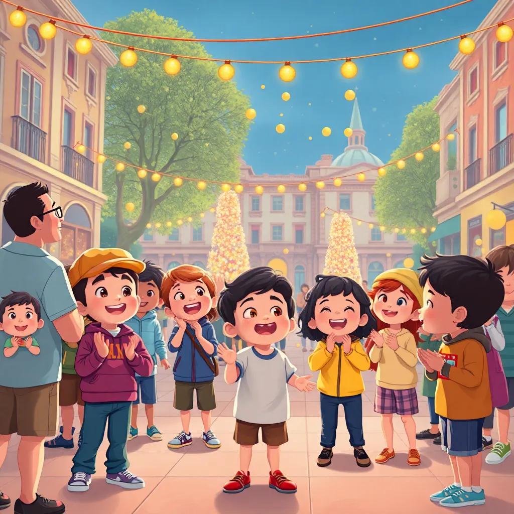 Los niños en la plaza aplaudiendo al final de la función, con una fonda de risas y felicidad, algunos adultos lanzando caramelos, ilustración, cálida, festiva, alegre