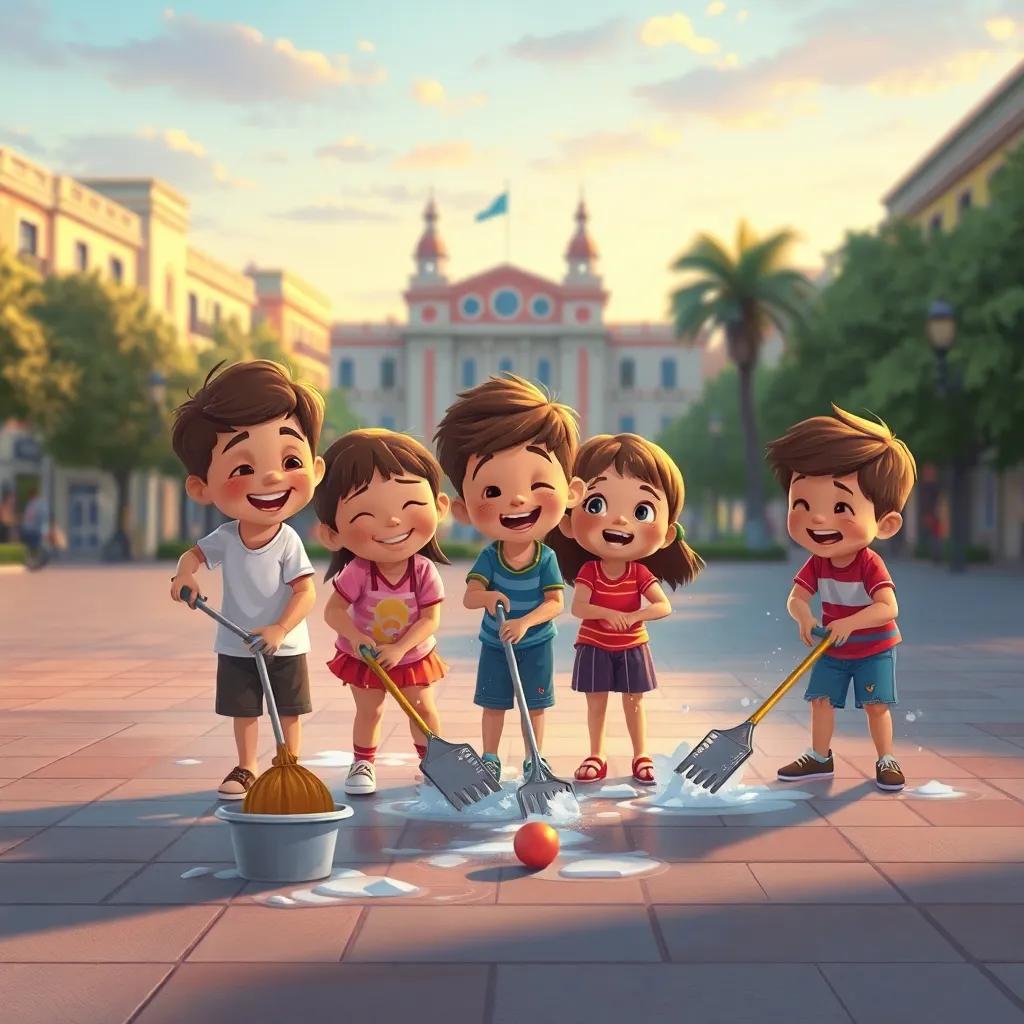 Un grupo de niños limpiando la plaza al caer la tarde, sonrisas en sus rostros, disfrutando del momento, ilustración, suave, nostálgica, alegre