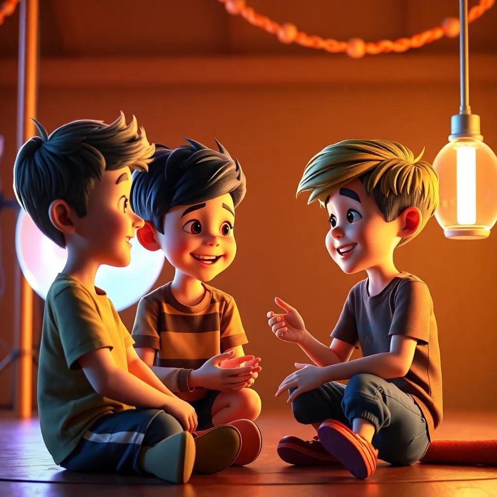 Los niños compartiendo nuevas ideas para futuras funciones de marionetas, conversando y con entusiasmo, una escena de amistad y compañerismo, digital art, esperanzador, luminoso, cálido