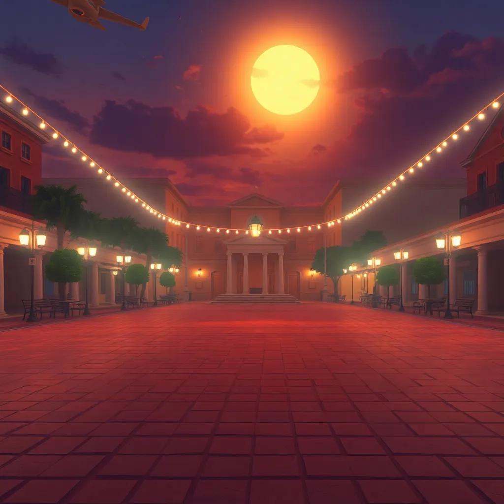 La plaza vacía y tranquila al final del día, con los recuerdos de la función flotando en el aire, iluminada por un cálido atardecer, ilustración, serena, nostálgica, mágica