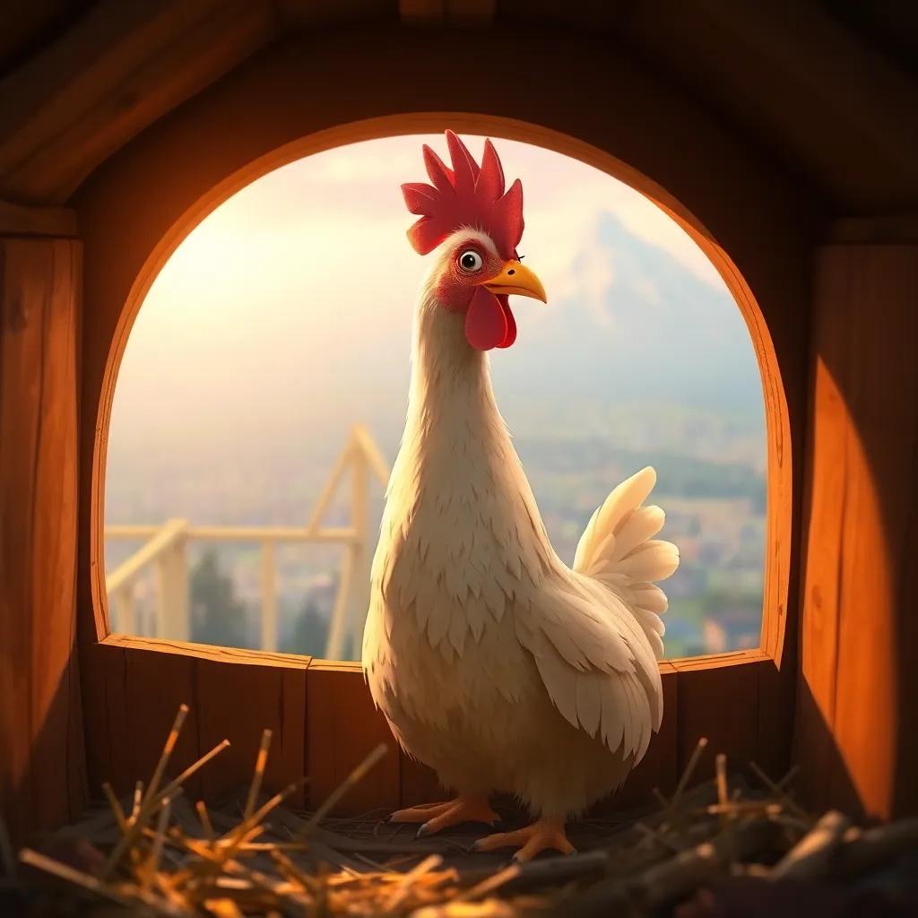 A chicken named Clara, a curious hen, looking out from a small coop at the vast world beyond, digital art, warm colors, inviting atmosphere, high quality