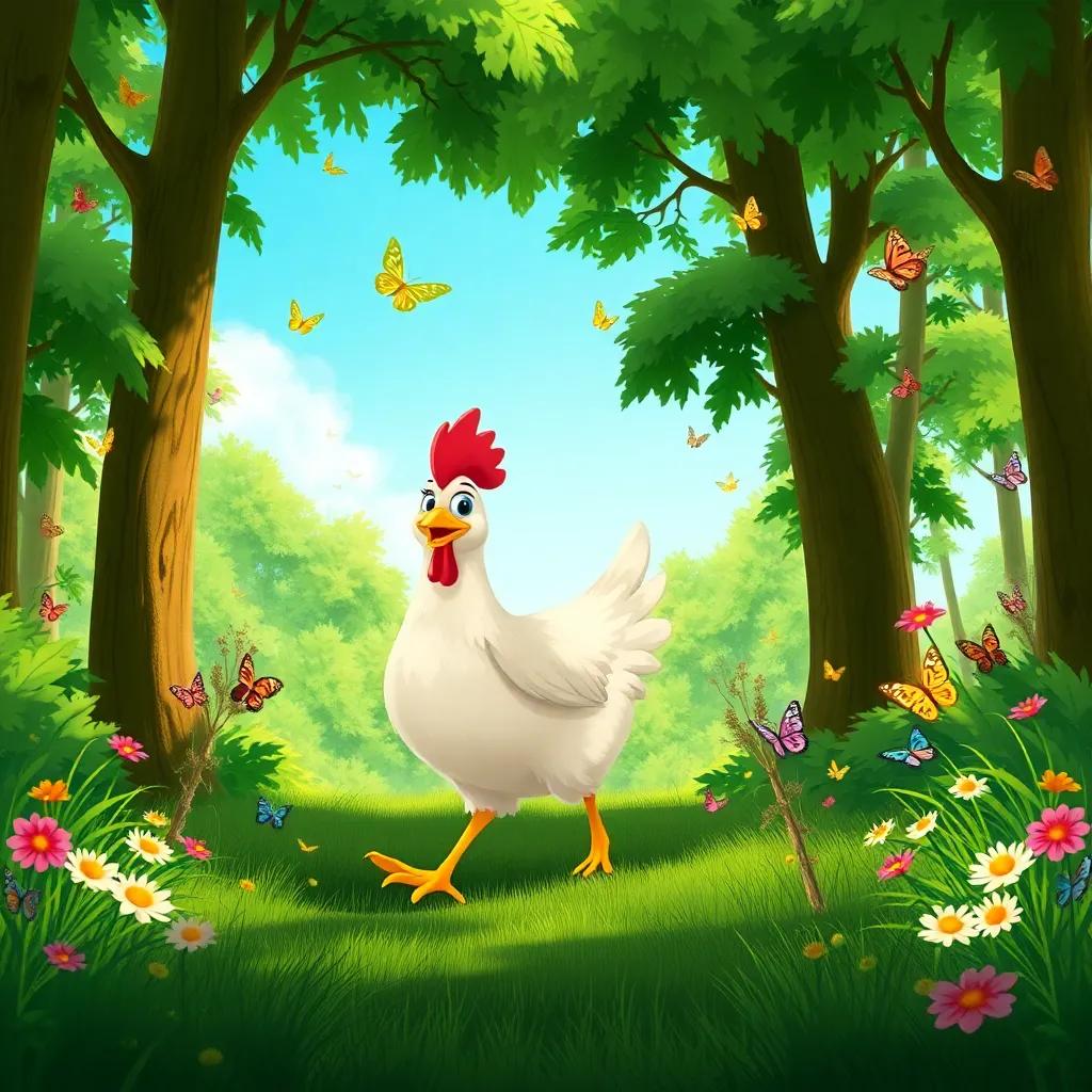 Clara the chicken walking boldly through a lush green forest filled with tall trees and colorful butterflies under a bright blue sky, illustration, cheerful, adventurous