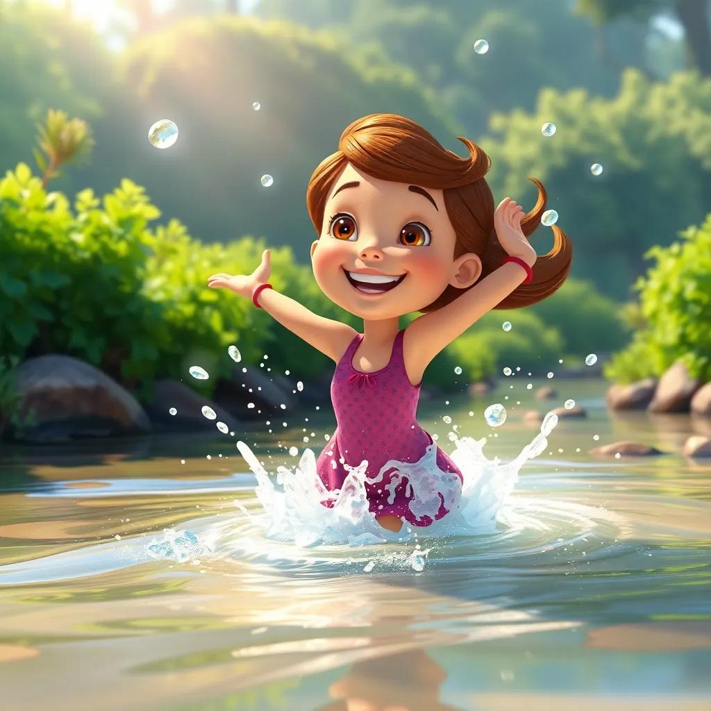 Clara splashing happily in a bright river, droplets of water flying around her as she enjoys her adventure, with vibrant green bushes on the riverbanks, digital painting, joyful, playful