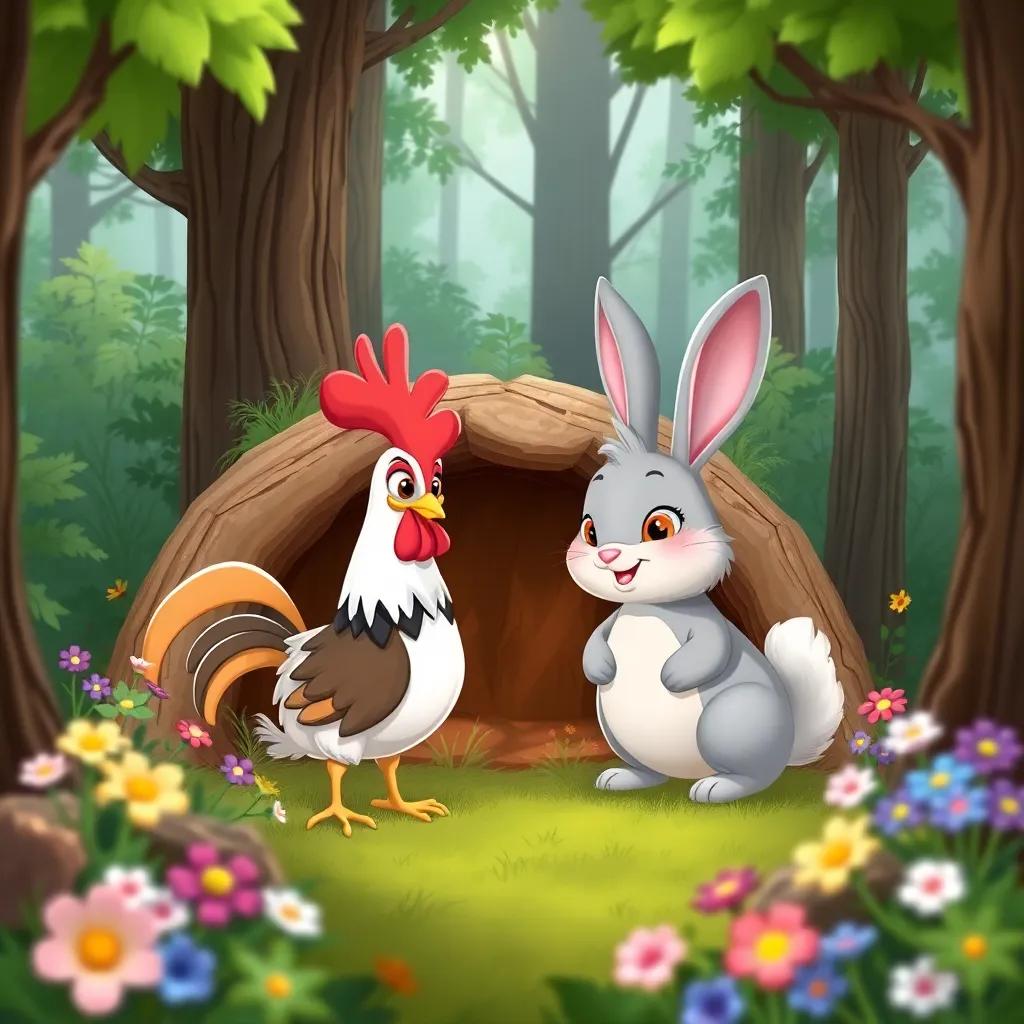 Clara the chicken meeting Rocco the rabbit, who is friendly and showing Clara his cozy burrow in the forest, surrounded by trees and flowers, cartoon style, cute perspective, colorful