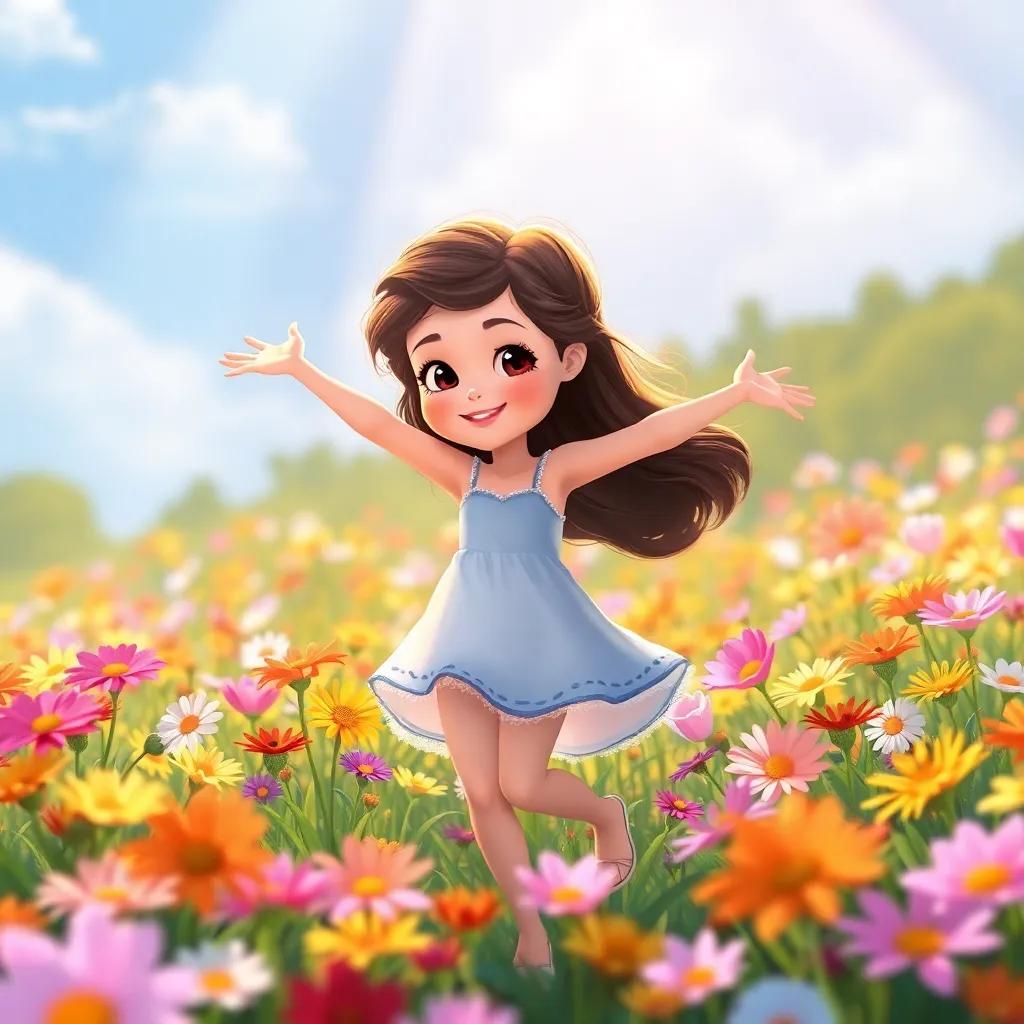 Clara dancing among colorful flowers in a beautiful meadow, with sunlight filtering through the petals, feeling joyous and free, dreamy illustration, vibrant colors, uplifting