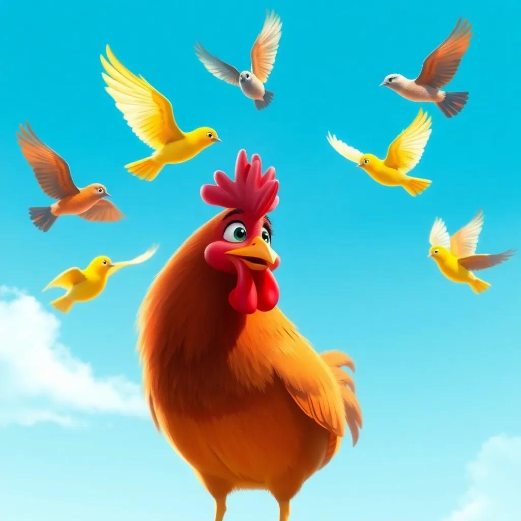 Clara the chicken talking to colorful birds soaring high in the sky about her adventures, with a clear blue background, beautiful nature setting, digital painting, inspiring