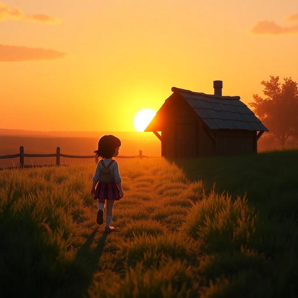 The sun beginning to set over the horizon as Clara walks back towards her coop, filled with the warmth of adventure in her heart, warm light, serene atmosphere, beautiful art