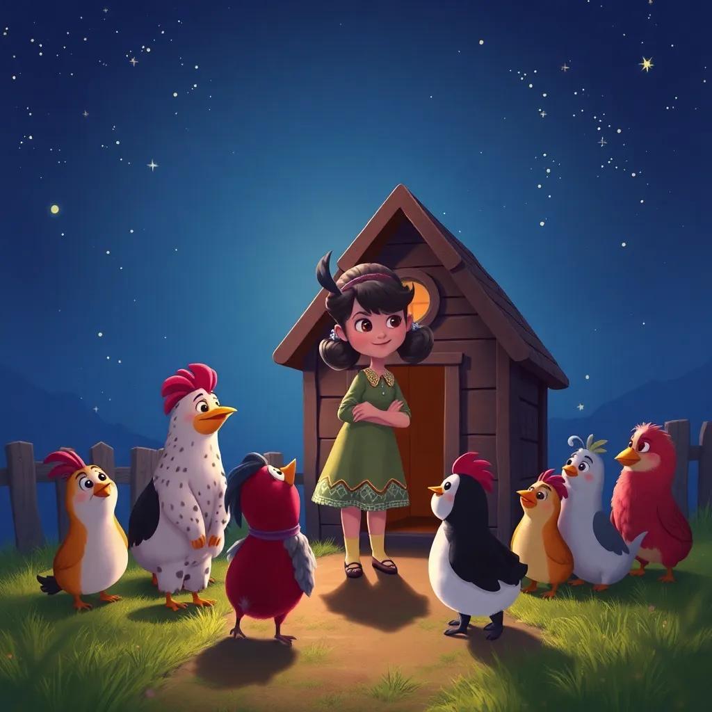 Clara returning to her coop, surrounded by her curious friends eager to hear her stories, under a starlit sky, cozy and friendly scene, heartwarming, colorful