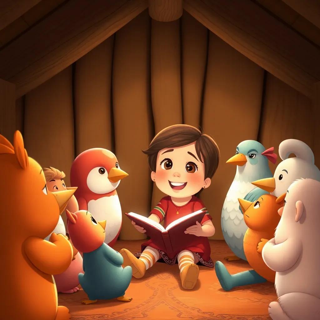 Clara joyfully sharing her adventure stories with her friends in the coop, with everyone listening intently, surrounded by the cozy environment, inviting illustration, child-friendly