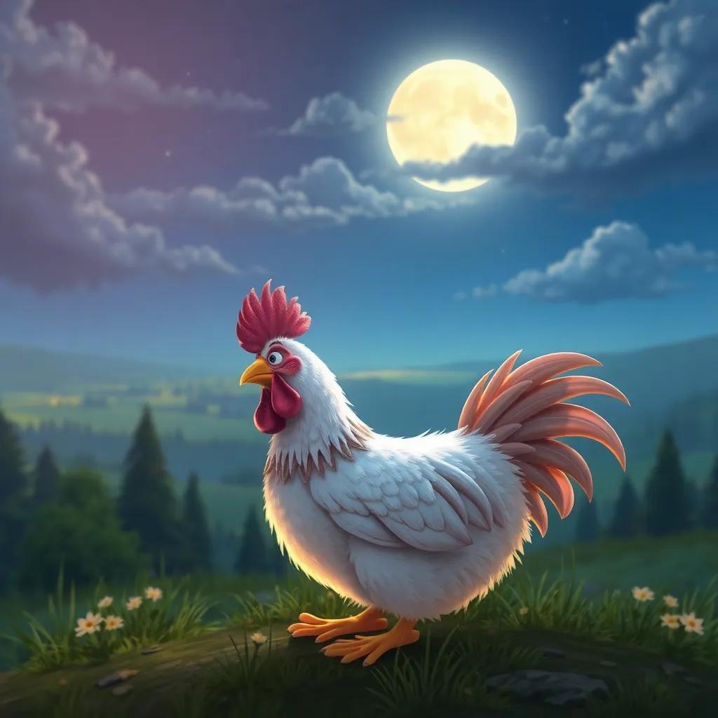 Clara the chicken dreaming of her next adventure under the moonlight, with visions of the forest and fields in her dreams, magical atmosphere, enchanting colors, fantasy art