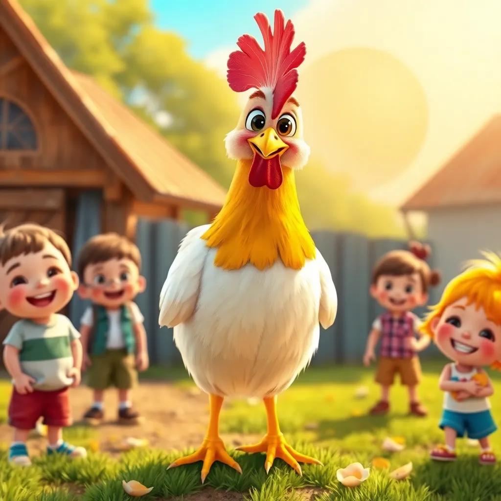 A chicken named Clara, a happy chicken with golden feathers, standing proudly on a sunny farm with children smiling and playing around her, digital art, bright colors, cheerful atmosphere, high quality