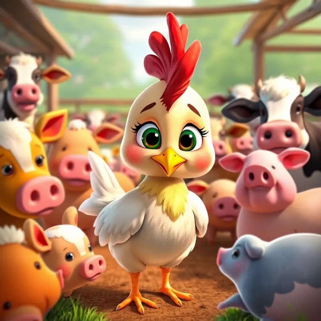 A clever chicken Clara, surrounded by various farm animals like cows and pigs, devising a plan with a determined look, in a vibrant farm setting, illustration, lively colors, engaging scene, high quality