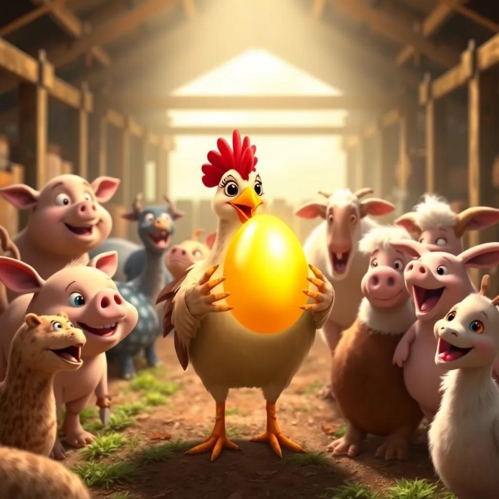 Clara the hen showing her shiny golden egg to excited farm animals, including a pig and a goat, in a lively barn, everyone smiling and cheering, warm light, bright colors, fun scene, high quality