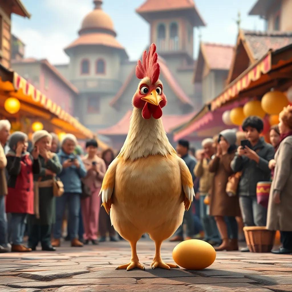 Clara the hen, looking a bit lonely, with her golden egg in the middle of a crowd of people in a village, people taking pictures and pointing, city square, colorful market stalls, vibrant atmosphere, high quality
