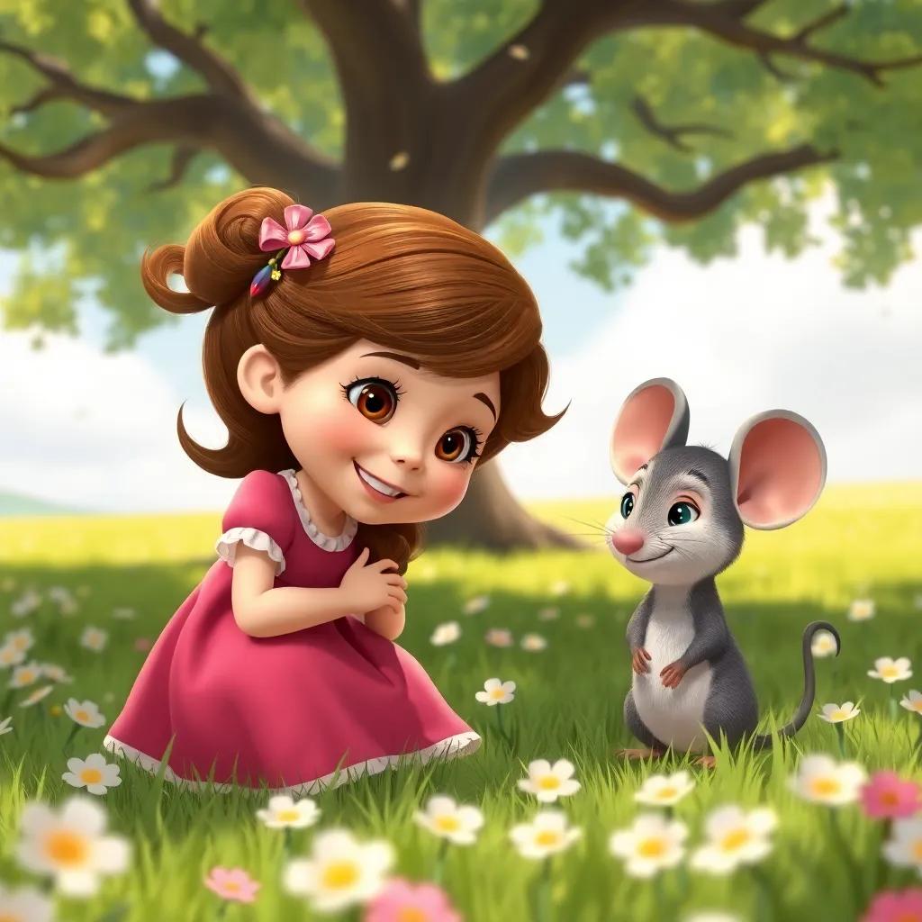 Clara meeting Tito the little mouse, who has a tiny smile, in a sunny meadow, under a big tree with flowers around, playful and fun mood, bright colors, child-friendly, high quality