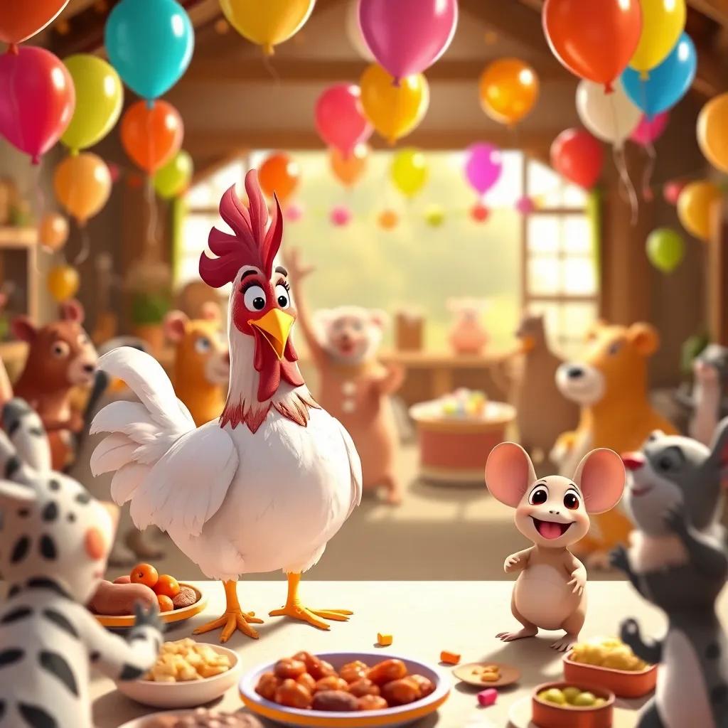Clara the hen and Tito the little mouse at a cheerful party with other animals at the farm, balloons and food everywhere, everyone dancing and having fun, warm light, joyful colors, heartwarming scene, high quality