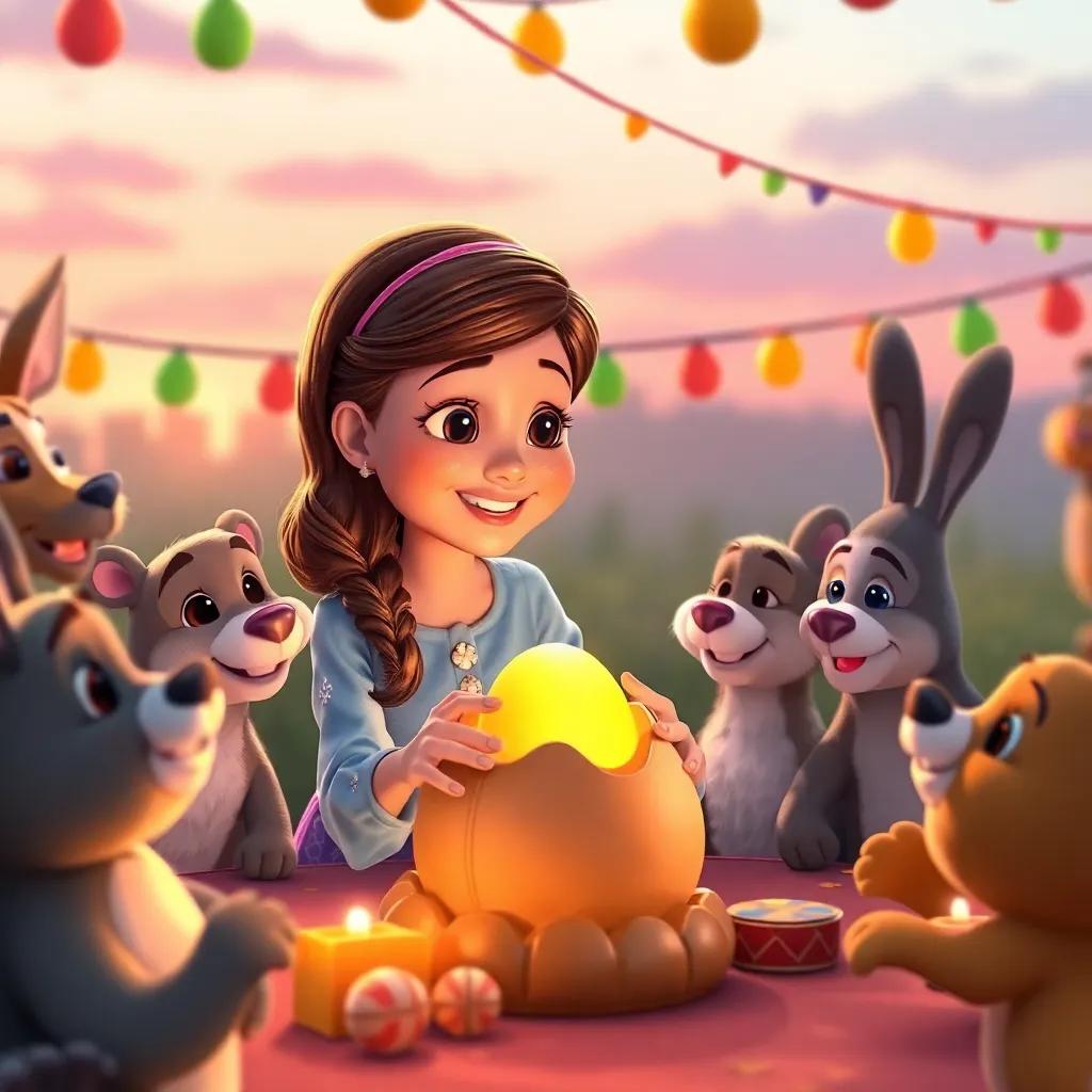 Clara, sharing her golden egg with friends during the party, all animals smiling and relaxing, happy atmosphere, sunset lighting, colorful decorations, fun and festive, high quality
