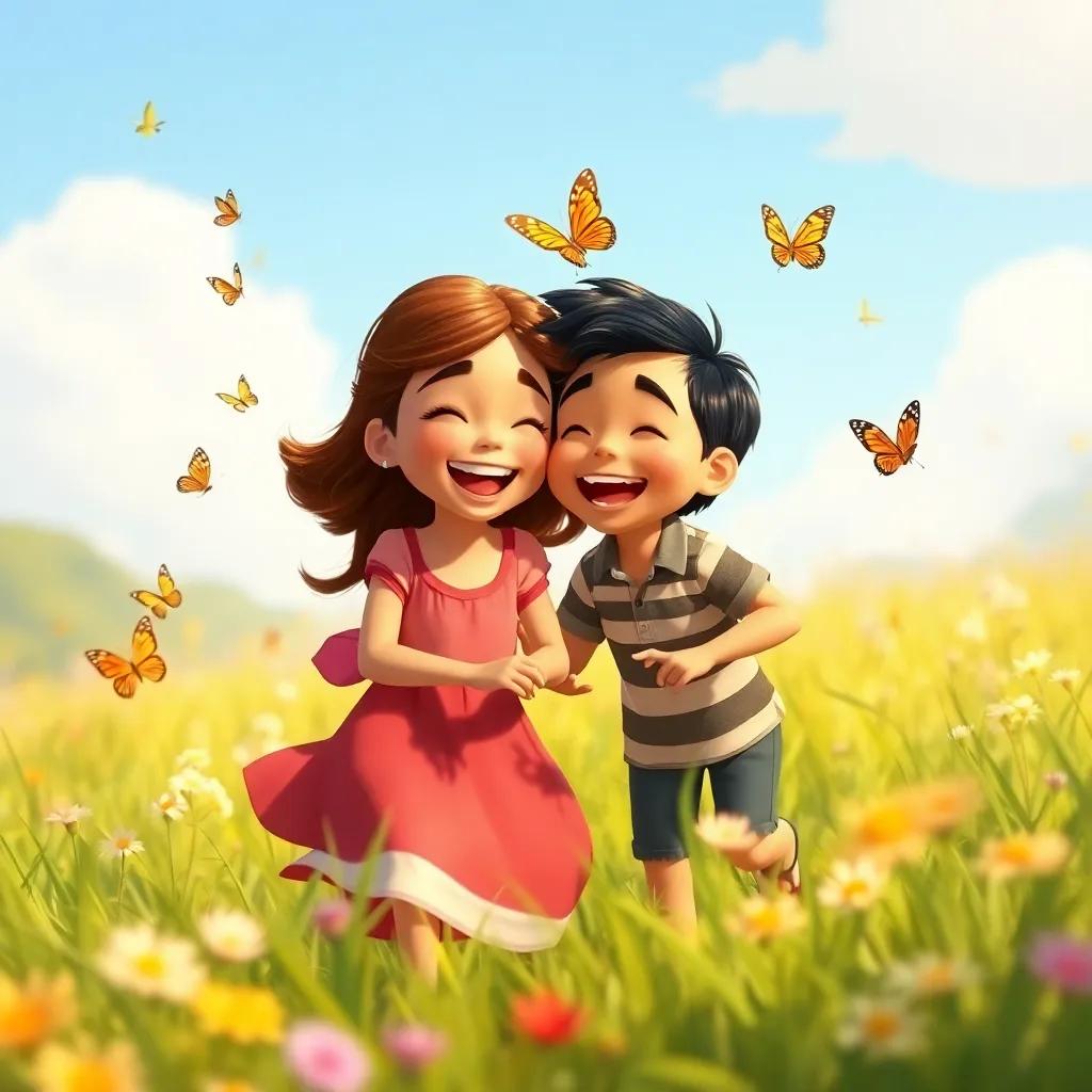 Clara and Tito laughing together in the meadow, playing tag with butterflies around, sunny day, warm colors, cheerful friendship vibe, high quality