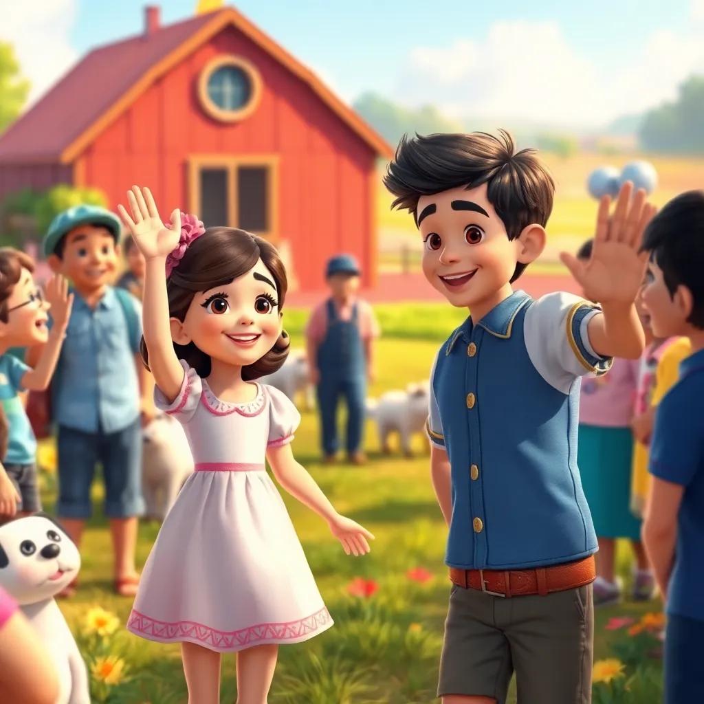 Clara and Tito waving goodbye to their friends after the party, surrounded by smiles and laughter, colorful farm background, heartwarming scene, vibrant colors, high quality