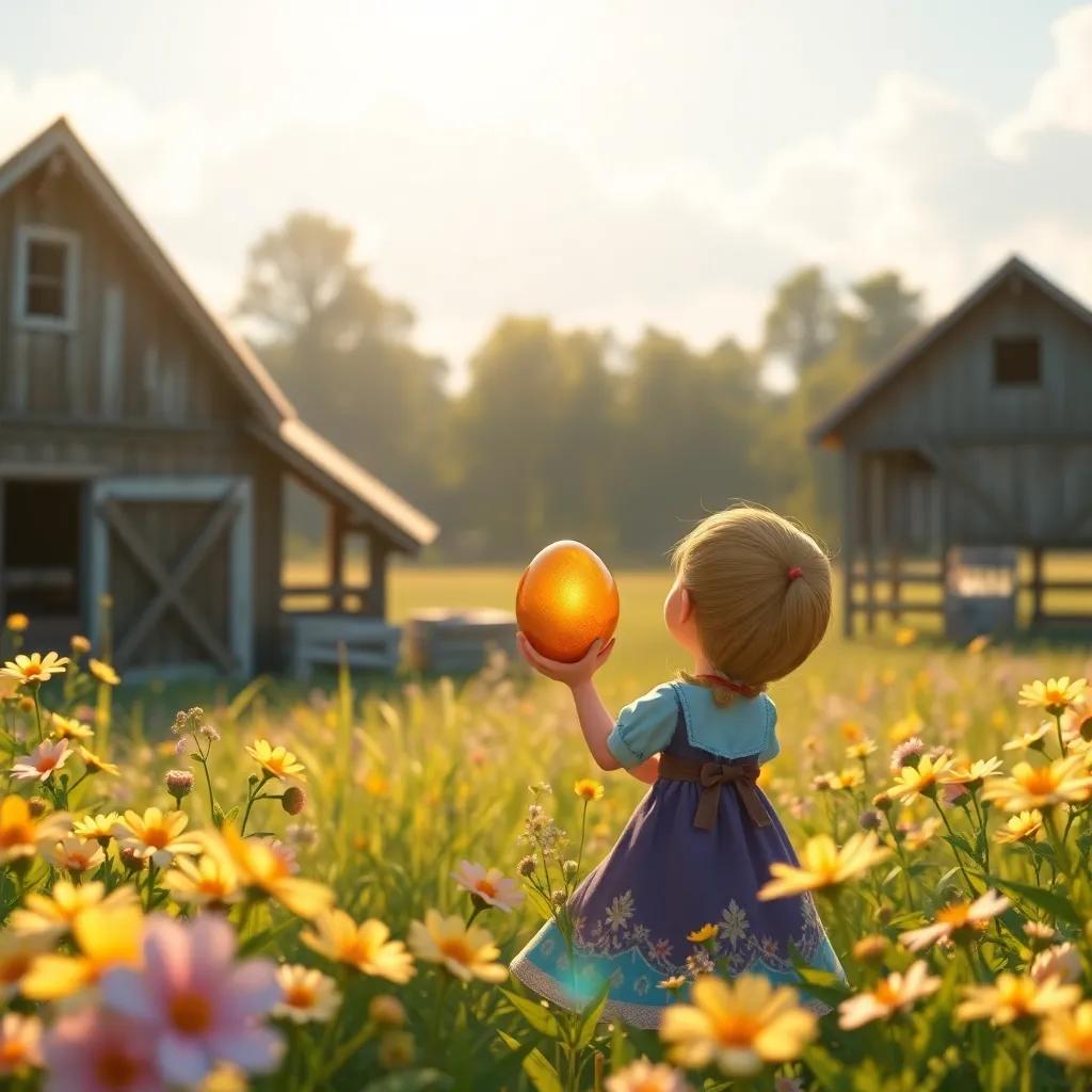 Clara back on the farm looking at her golden egg with a smile, surrounded by flowers and sunshine, peaceful and happy, warm golden light, high quality