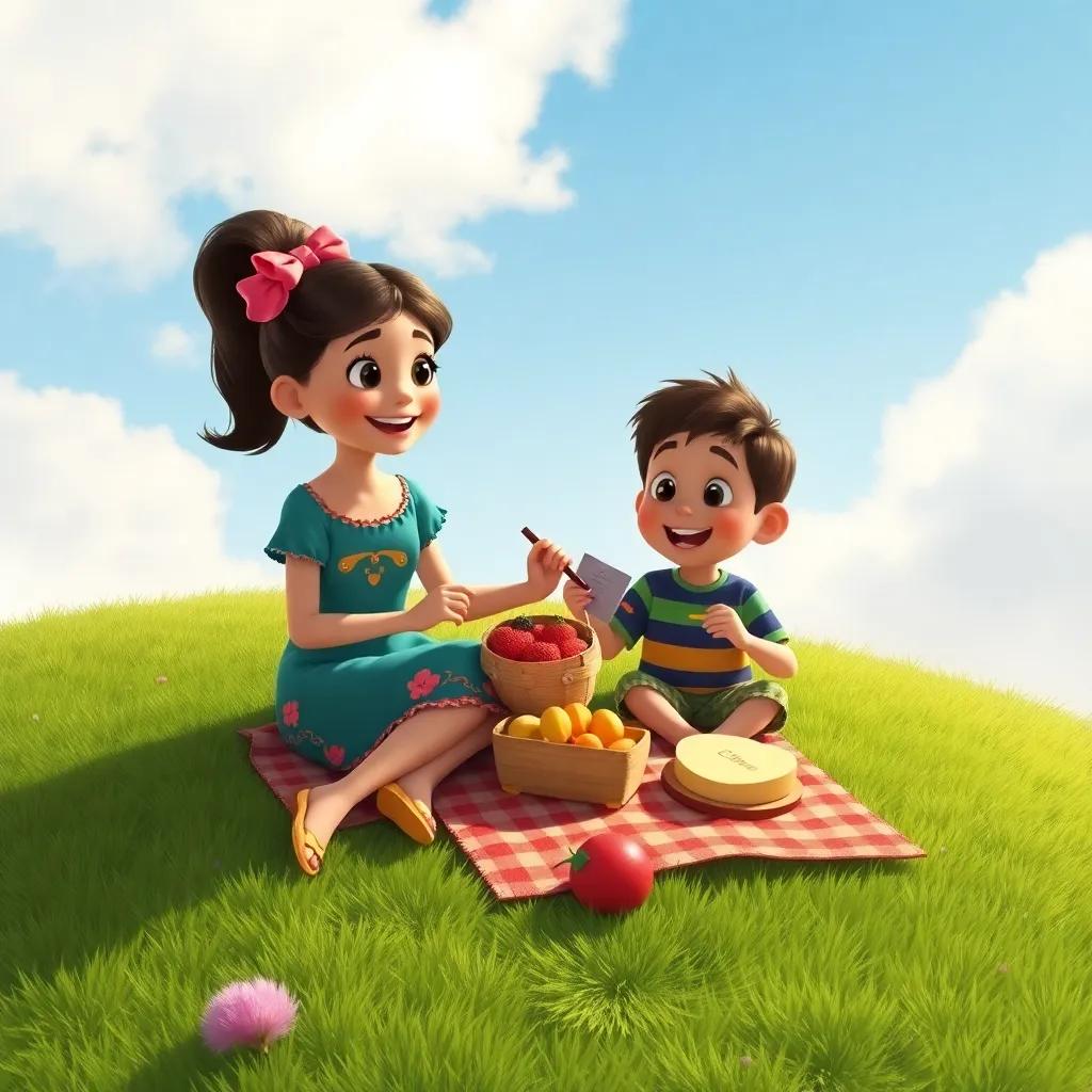 Clara and Tito enjoying a picnic together, eating fruits and sharing stories, sitting on a bright green hill under the sky, cheerful summer vibe, warm colors, high quality