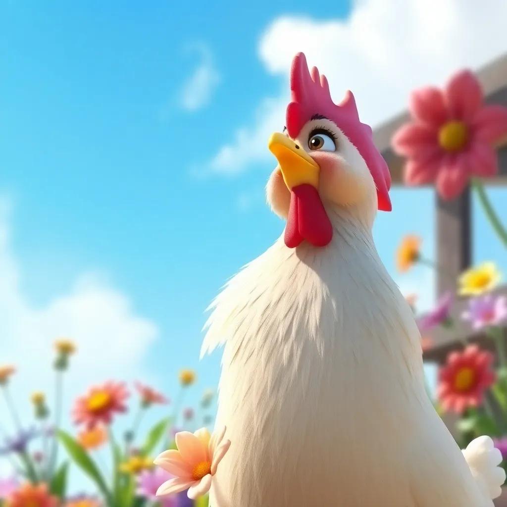 A chicken named Clara, a cheerful chicken with bright feathers, looking up at a blue sky with colorful flowers around her, digital art, vibrant colors, joyful atmosphere, high quality
