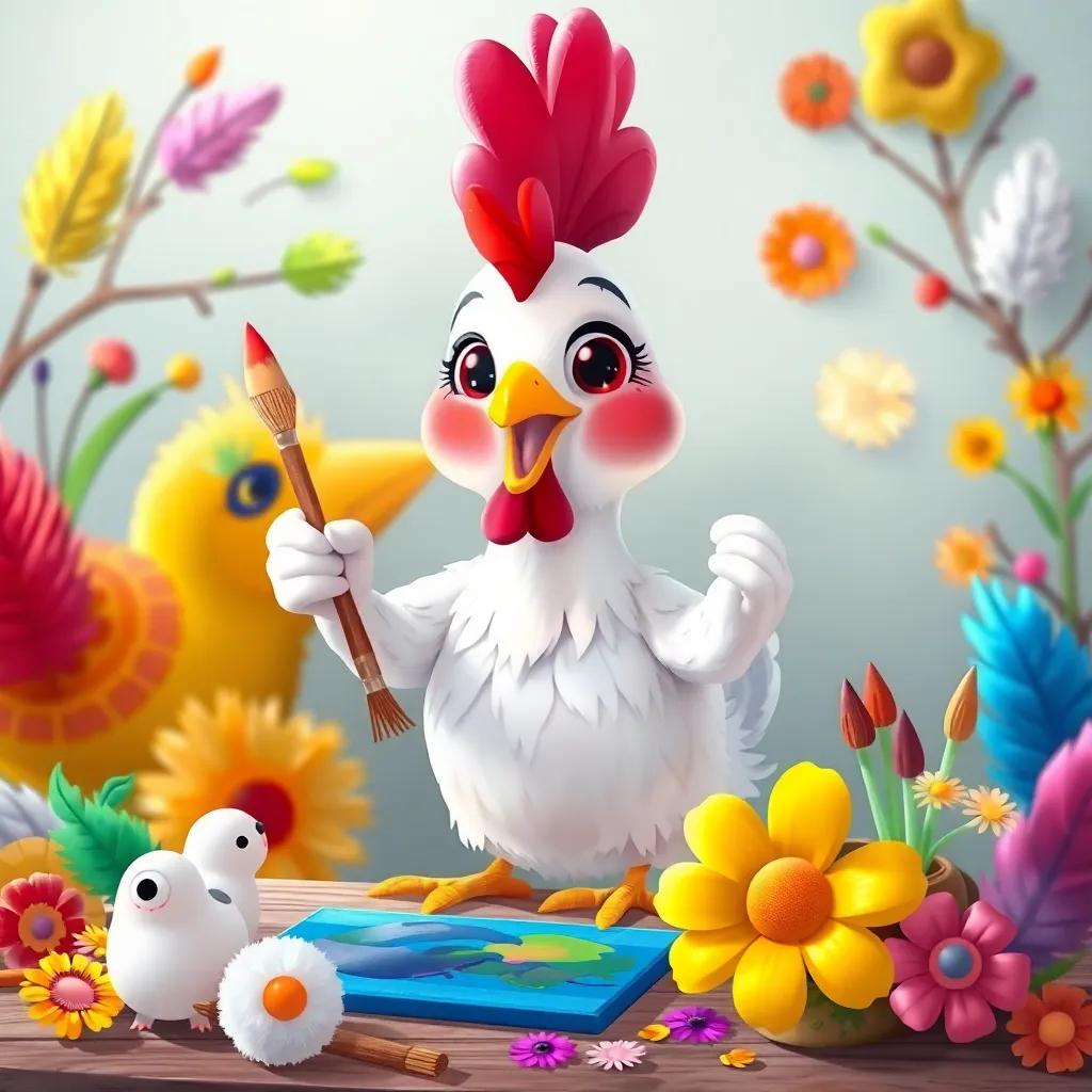 Clara the chicken painting with colorful feathers and twigs, using her own feathers as brushes, surrounded by bright creations of animals and flowers, illustration, playful, artistic theme, child-friendly