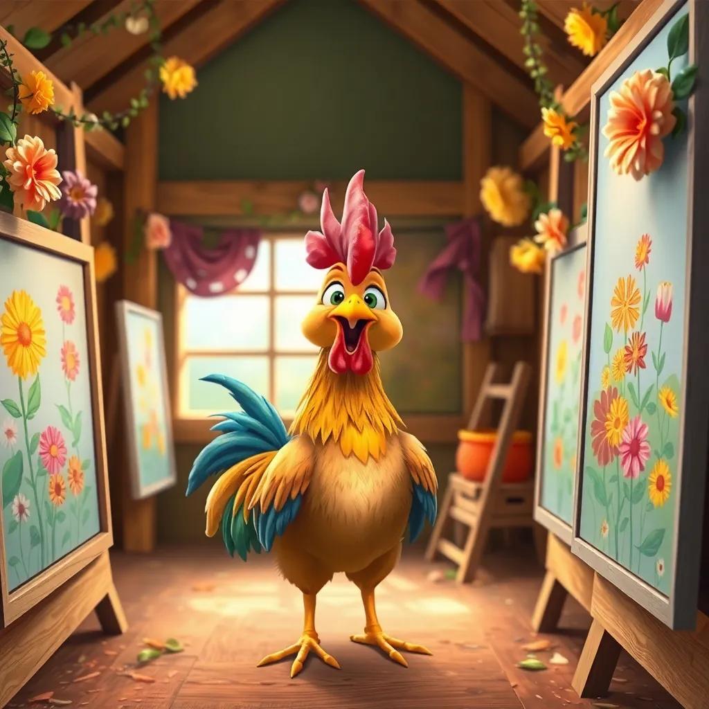 Clara the chicken with colorful feathers, excitedly setting up her art exhibition in the coop, hanging paintings with lively decorations of flowers, digital painting, warm colors, festive atmosphere, high quality