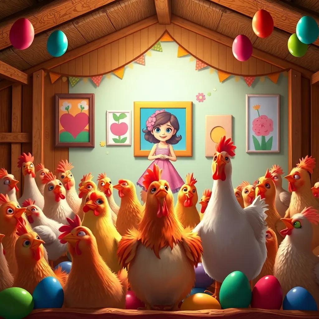 An excited chicken audience in a decorated coop, admiring Clara's colorful paintings on the walls, with eggs in various colors around them, cheerful atmosphere, vibrant scene, sonorous, child-friendly art