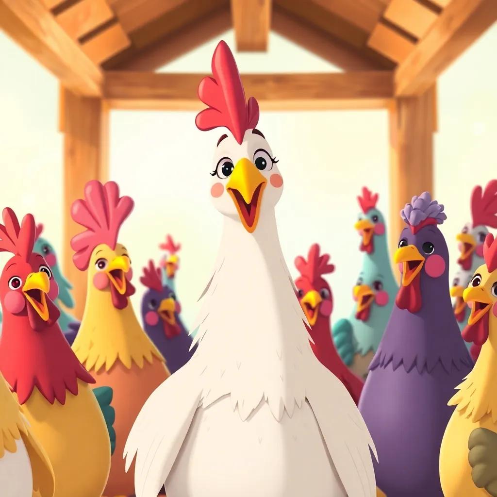 Clara the chicken smiling and thanking her friends, who are colorful chickens with joyful expressions, all gathered in the bright coop, feeling warm and inspired, illustration, heartwarming, colorful, inclusive community