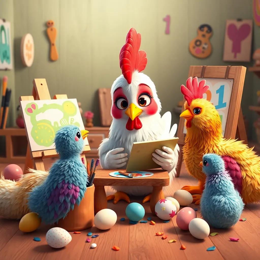 Clara the chicken teaching her friends how to paint, surrounded by beautiful handmade artworks and supplies, colorful feathers, and eggs scattered around, digital art, engaging atmosphere, child-friendly