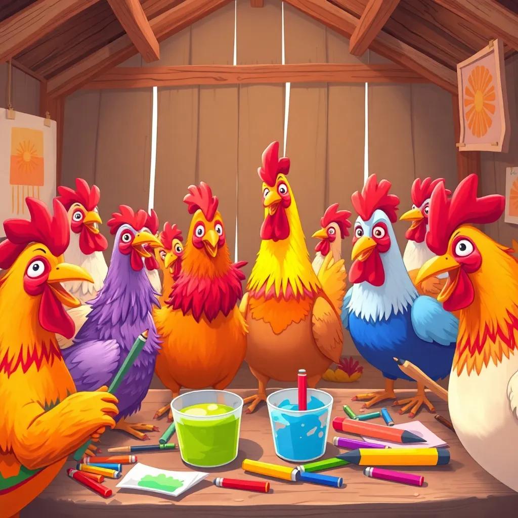 A community of colorful chickens painting together in the coop, joyful expressions, lots of vibrant art materials, interacting and creating together, illustration, warm and inviting atmosphere, artistic activity